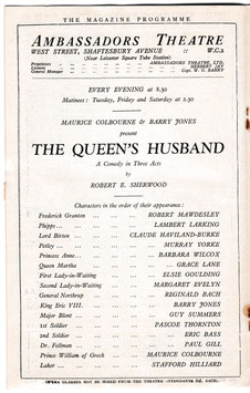 The Queen's Husband. Robert Mawdesley, Lambert Larking, Murray Yorke, Grace Lane, Maurice Colbourne. Ambassador's, 1931