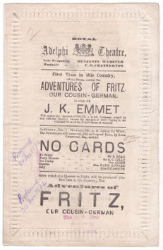 The Adventures Of Fritz. Joseph Kline Emmet, Augustus Glover, H Cooper, Miss Markston Leigh, Miss Hudspeth, . Adelphi, 1872