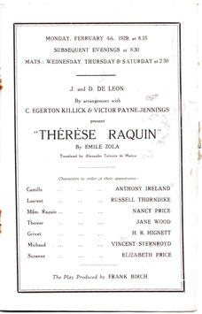 Thérèse Raquin. Anthony Ireland, Russell Thorndike, Nancy Price, Jane Wood, Elizabeth Price, H R Hignett. Court, 1929