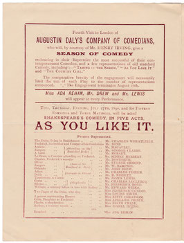 As You Like It. Charles Wheatleigh, John Drew, James Lewis, Isabel Irving, Ada Rehan. Run of 21 performances. Lyceum, 1890