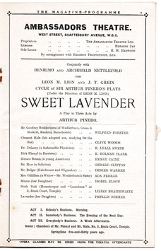 Sweet Lavender. Wilfred Forster, Clive Woods, E Lyall Swete, Henry Caine, Isobel Elsom, Lillian Braithwaite. Ambassadors, 1922/23