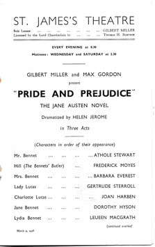 Pride And Prejudice. Celia Johnson, Hugh Williams, Anthony Quayle, Eva Moore, Athole Stewart, Dorothy Hyson. St James's, 1936