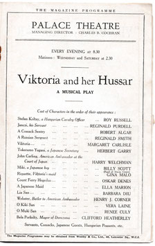 Viktoria And Her Hussar. Margaret Carlisle, Harry Welchman, Roy Russell, Gina Malo, Oskar Denes, Renee Culy. Palace, 1931
