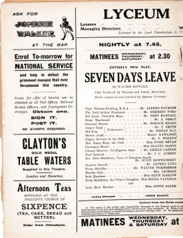 Seven Days Leave. Alfred Paumier, Herbert Ford, Horace Mears, Susie Bevan, Gladys Mason, Annie Saker. Lyceum, 1917/18