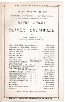 Oliver Cromwell. Henry Ainley, E Harcourt Williams, Hayden Coffin, Milton Rosmer, Irene Rooke. His Majesty's, 1923