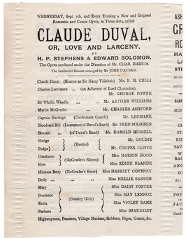 Claude Duval, Or, Love And Larceny. Frank Celli, Arthur Williams, Marion Hood, Violet Dane, Nellie Sanson. Olympic, 1881