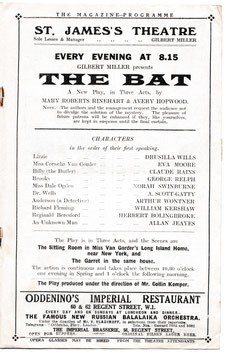 The Bat. Claude Rains, Arthur Wontner, Herbert Bolingbroke, Drusilla Wills, Eva Moore, Norah Swinburne. St James's, 1922