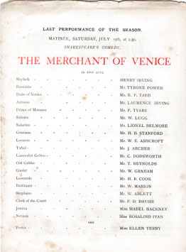 The Merchant Of Venice. Henry Irving, Ellen Terry, Tyrone Power, Laurence Irving, William Lugg, Mabel Hackney, Rosalind Ivan. Lyceum, 1879. Last performance