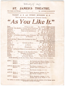 As You Like It. James Fernandez, George Alexander, C Aubrey Smith, Bertram Wallis, Robert Loraine,  H B Irving, Julia Neilson, Fay Davis, Ellis Jeffreys, Kate Phillips. St James's, 1896-97