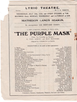 The Purple Mask. Matheson Lang, A Walker, George Smyth-Beale, Margaret Yarde, Henry Vibart, Russell Thorndike. Lyric, 1918