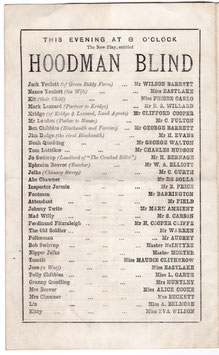 Hoodman Blind. Wilson Barrett, Mary Eastlake, E S Willard, Clifford Cooper, George Barrett, Eva Wilson, Alice Cooke. Princess, 1885