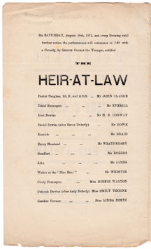 The Heir At Law. John Clarke, H B Conway, Mr Everill, Minnie Walton, Emily Thorne, Linda Dietz. Haymarket, 1875