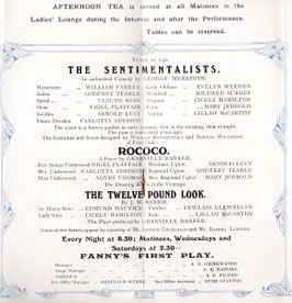 The Sentimentalists: Rococo: The Twelve Pound Look. William Farren, Godfrey Tearle, Nigel Playfair, Mary Jerrold, Carlotta Addison, Lillah McCarthy.  Little, 1911. 18 performances