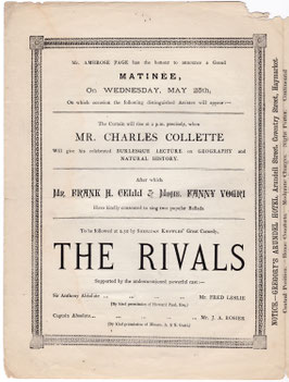 The Rivals. Fanny Stirling, Edward Terry, Frank Wyatt, Mary Rorke, Kate Ashley. 1 performance only. Globe, 1881