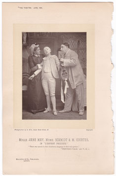 Madame Schmidt as Madame Pierrot, Jane May as Pierrot Junior, Monsieur Courtès as Pierrot Senior in "L'enfant Prodigue" Alfred Ellis, 1891. Carbon