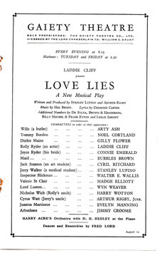 Love Lies. Arty Ash, Noel Cortland, Gilly Flower, Laddie Cliff, Madge Elliott, Evelyn Manning, Stanley Lupino. Gaiety, 1929-30