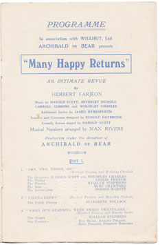 Many Happy Returns. Mimi Crawford, Nancy Rigg, Morris Harvey, Leslie French, Jean Colin, Eve Becke. Duke Of York's, 1928