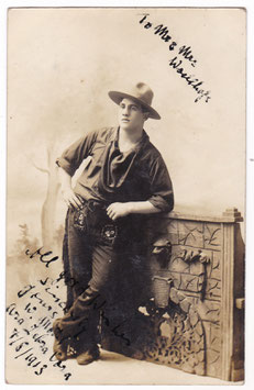 W Mottl as a cowboy. Ara, Zebra and Vora Co. Signed postcard