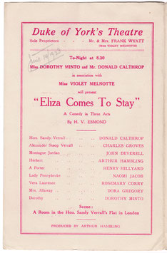 Eliza Comes To Stay. Donald Calthrop, Charles Groves, Dorothy Minto, John Deverell, Naomi Jacob. Duke Of York's, 1923