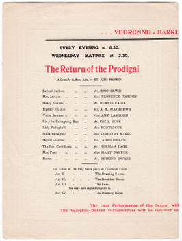 The Return Of The Prodigal. Eric Lewis, Dennis Eadie, A E Matthews, Florence Haydon, Mary Barton, Dorothy Minto. Royal Court, 1907
