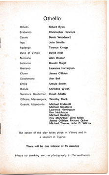 Othello. Robert Ryan, Christopher Hancock, Terence Knapp, Ursula Smith, Ann Bell, Christine Welch. Nottingham Playhouse, 1967