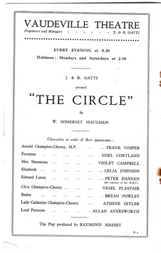 The Circle. Frank Vosper, Celia Johnson, Nigel Playfair, Noel Cortland, Athene Seyler, Allan Aynesworth. Vaudeville, 1931
