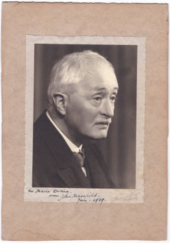 John Masefield. Poet and writer. Signed photograph mounted to board, inscribed to ballerina Maria Zarina, dated Jan. 1939