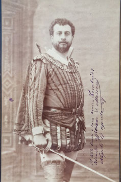 Francesco Marconi. Tenor. Probably in the role as Spartaco, opera by Pietro Platania. Photo by D`Alessandri brothers, Rome. Large signed photograph dated Naples 1889