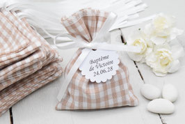 Lot de 30 sachets pour dragées tissu vichy beige taupe - EN STOCK envoi sous 48 h
