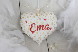 Coeur tissu à personnaliser - tissu "petits motifs sapin" - coeur à suspendre avec prénom