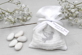Pochon dragées colombe argenté tissu double gaze blanc - baptême communion profession de foi