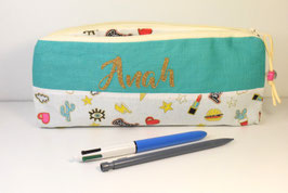 Trousse école lin vert Fun à personnaliser avec prénom fille
