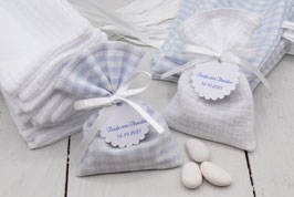 Pochon dragées vichy bleu ciel OU double gaze blanc- baptême communion bébé garçon ou fille