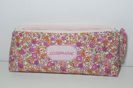 Trousse école prénom fille à personnaliser avec broderie, tissu imprimé liberty fleurs rose/corail
