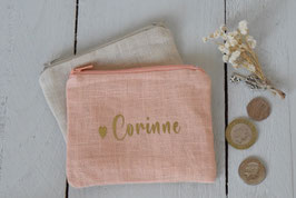 Porte monnaie prénom lin saumon - pochette de remerciement à personnaliser