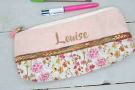 Trousse école fleurs & lin rose poudré à personnaliser avec prénom fille