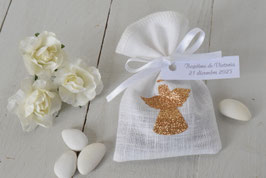 Ballotins dragées Ange pailleté doré sur lin blanc- ruban satin -Sachet personnalisé avec étiquette pour communion, baptême bébé Noël
