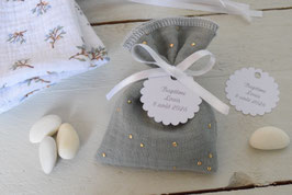 Sachets dragées double gaze vert sauge pois doré & ruban blanc