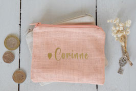 Porte monnaie prénom lin saumon - pochette de remerciement à personnaliser