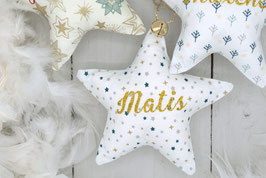 Etoile Noël prénom tissu blanc et étoile bleu  & grelot