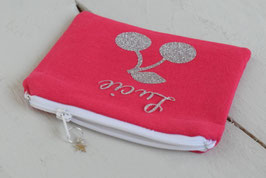 Porte monnaie enfant avec prénom / cerise argenté rose fuchsia