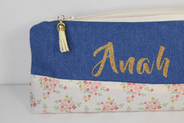 Trousse école jeans fleurs champêtre à personnaliser avec prénom fille
