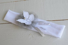 Bandeau baptême bébé enfant fille blanc gris argenté pour baptême, mariage/ papillon à personnaliser avec prénom /date baptême