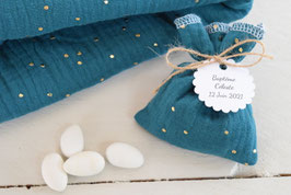 Pochon dragées double gaze Vert à pois doré / ficelle jute - Cadeaux invités baptême mariage cérémonie