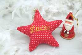Etoile de Noël personnalisée prénom "Rouge à pois blanc" & grelot