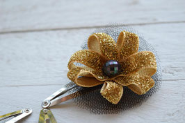 Barrette fleur ruban doré et noire