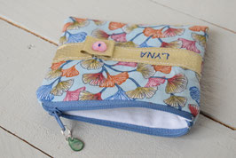 Porte monnaie enfant broderie prénom Feuille de Ginkgo Bleu