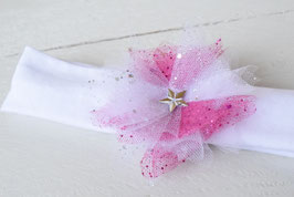 bandeau baptême bébé enfant fille blanc fleur tulle blanche rose fuchsia paillette baptême cérémonie