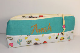 Trousse école lin vert Fun à personnaliser avec prénom fille
