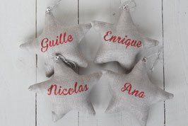 Etoile personnalisée noël prénom tissu lin argenté